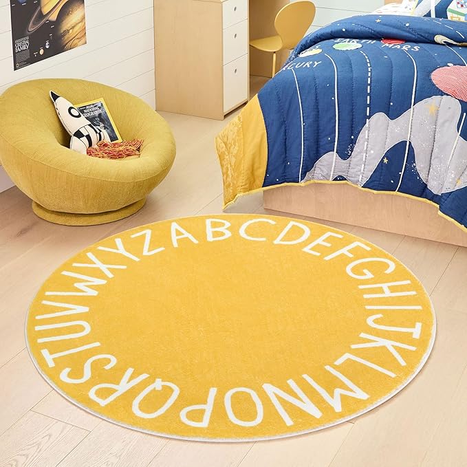 Topotdor Round Kids Play Rug Alphabet Nursery Area Rug Extra Large Soft Crawling Play Mat for Children Toddlers Bedroom (47 inch, Yellow)