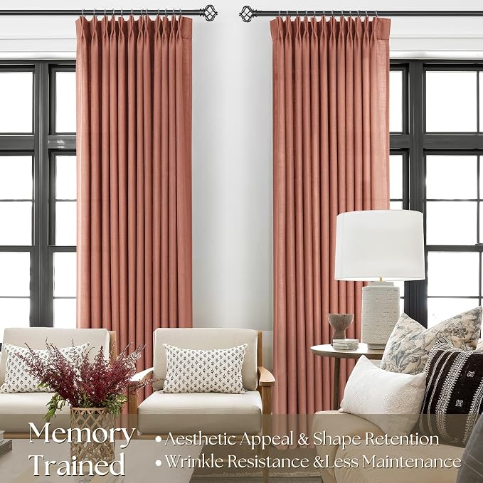 Terracotta Pinch Pleated Linen Curtains 90 Inch Length 2 Panels for Living Room Bedroom Textured Semi Sheer Drapes Pinch Pleat Rings Window Curtain 40x90