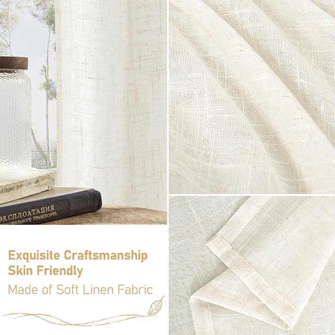 LAMIT Light Filtering Linen Curtains 63 inches Long, Cream Linen Textured Semi Sheer Back Tab and Rod Pocket Boho Drapes for Bedroom/Living Room, 2 Panels, 70 x 63 Inch