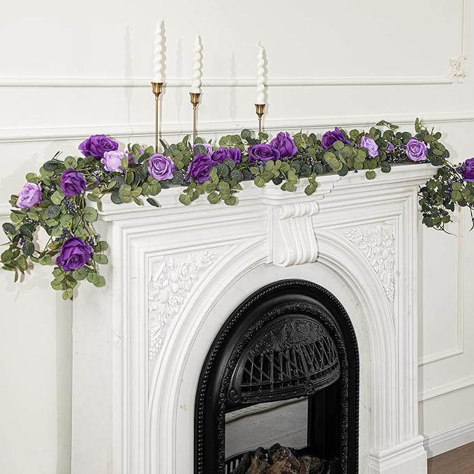 6FT Eucalyptus Garland with 10 Purple Roses and Baby Breath Artificial Flower Greenery Garland for Table Centerpiece Party Wedding Decorations Indoor Outdoor Wall Backdrop Decor