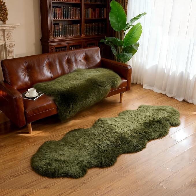 Premium Genuine Sheepskin Area Ruge - Real Wool Fur Shaggy Carpet | Fluffy Soft Natural Lambskin Rug Seat Chair Covers for Couch Sofa Bedroom Living Room(Dark Green,2×3 Feet Sheepskin)