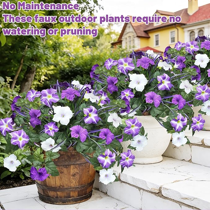 Artificial Flowers Plants for Outdoors, 6PCS UV Resistant Faux Flowers Outdoor Plants, Fake Petunias Silk Flowers for Garden Balcony Yard Porch Decor (White Purple)