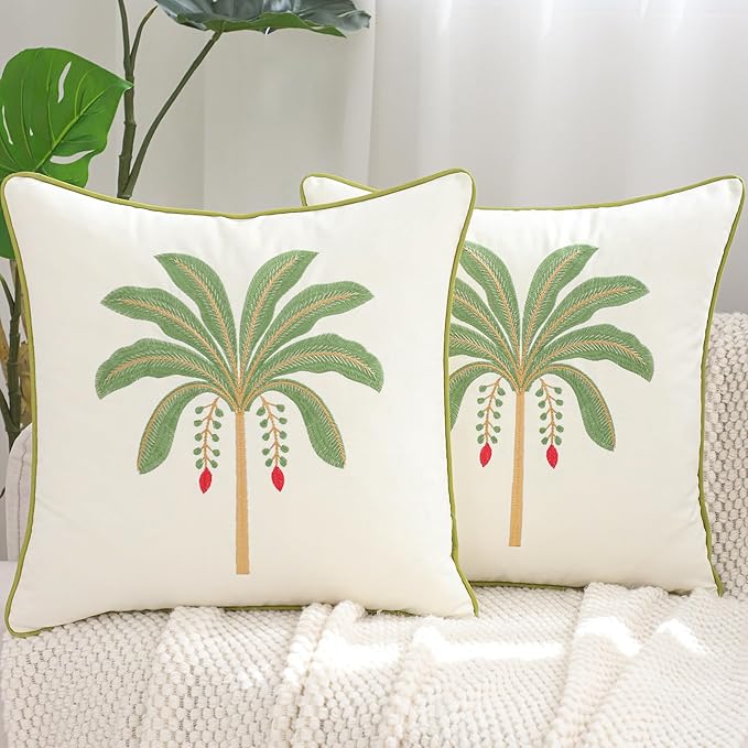 Palm Tree Pillow Covers 18x18 Inch Set of 2 Vintage Tropical Embroidered Throw Pillow Covers Outdoor Decorative Cushion Cover Sage Green Square Pillowcase for Spring Summer Home Decor