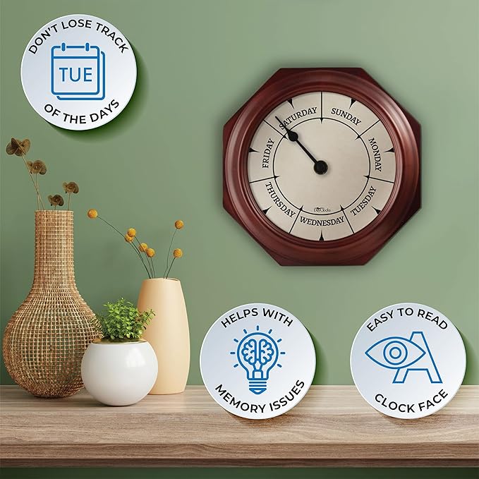 Classic Day of The Week Wall Clock - 10" Solid Mahogany Wood Frame, Ideal Retirement Gift for Men and Women, Day Clock for Seniors and Retirees