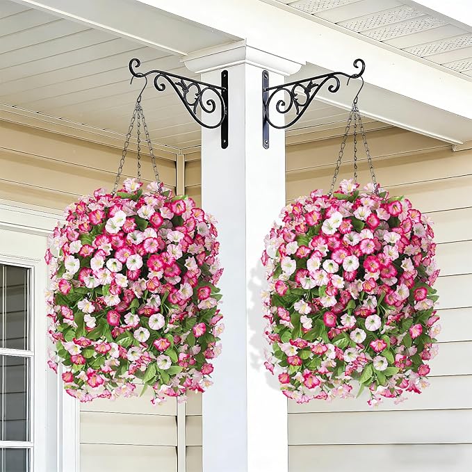 INXUGAO Artificial Flowers with Hanging Basket, Outdoor Faux Plants Silk Morning Glory Vines, Fake Green Arrangement for Garden Patio Spring Summer Decor (4pcs, Pink)