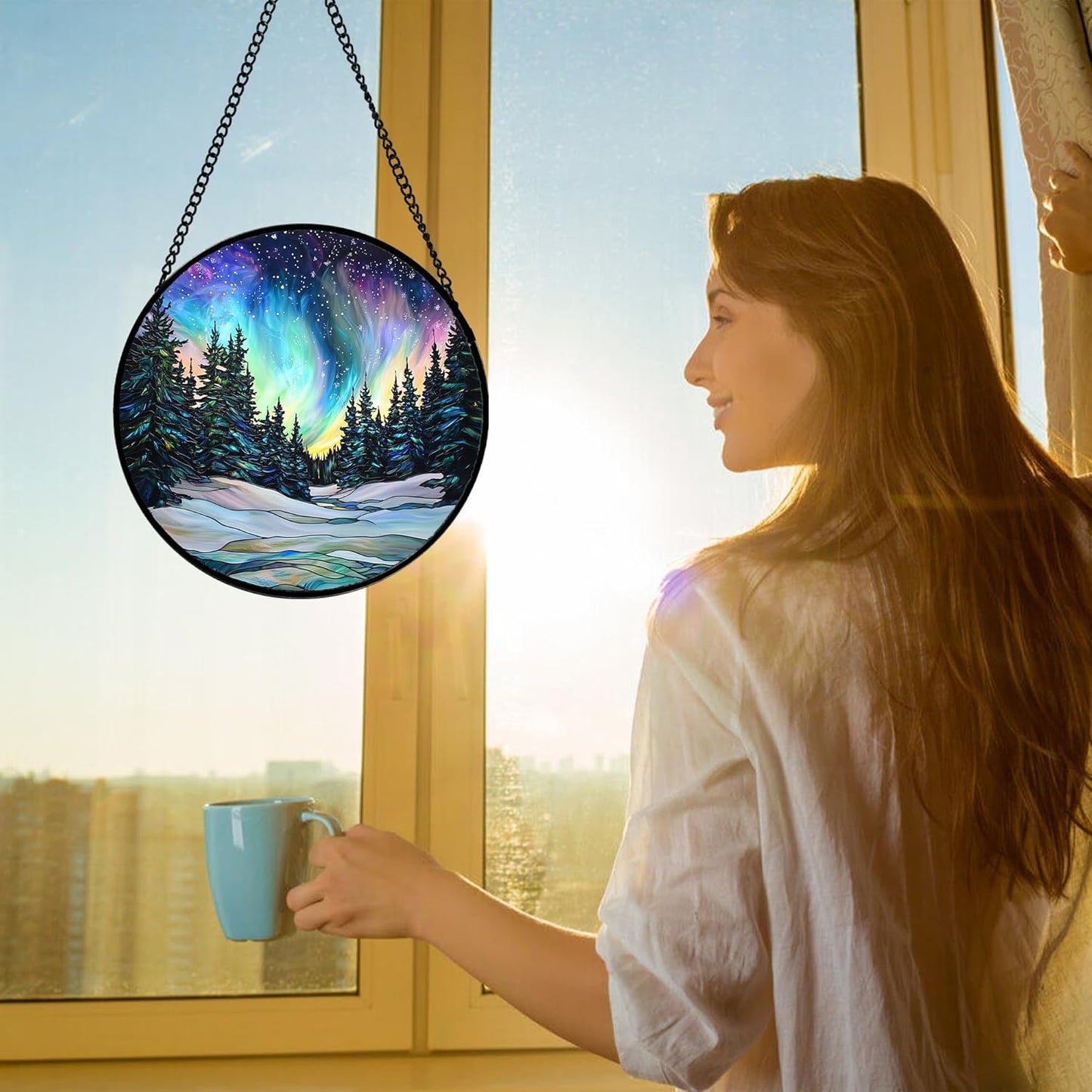 Stained Glass Window Hanging, Aurora Landscape Sun Catchers Glass Panel Green Trees Suncatcher Decor for Birthday for Women, Men, Wife, Aunt, and Mom 7.8 in