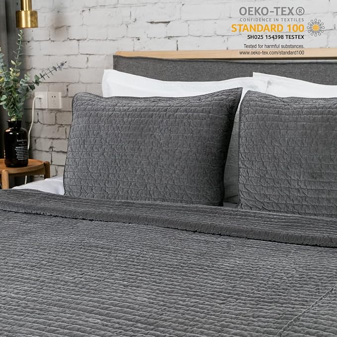 ELEGANT LIFE HOME Dark Gray Velvet Quilt Queen Reversible Royal Cotton Velvet Pic-Stitch Bedding Quilt - Queen - 88''x 92'', Grey