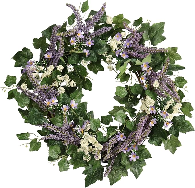22IN Spring Summer Wreath withGrape Leaves, Lavender. Seasonal Greenery Decor for Front Door, Wall, and Year-Round Celebrations.