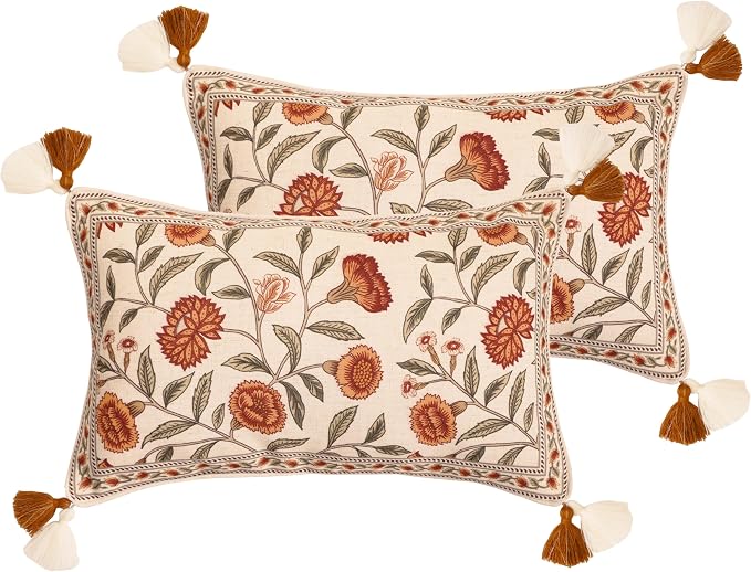 ISAENNE French Linen Rectangle Throw Pillow Cover,Set of 2,20"x12"-Albano A | Designer Vintage Pillow Cover,Concealed Zipper Design,Orange Floral Pattern,Sofa,Bedroom,Living Room,Lounge Chairs