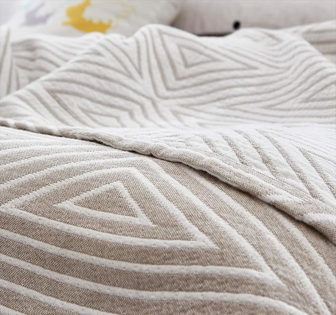 MEJU Muslin Crey Checks Stripes Triange Reversible Throw Blanket for Bed Sofa Couch 100% Combed Cotton 3 Layer Soft Warm Quick Dry Bedspread Throw Blanket Bed Coverlet Sheet Twin 60 in x 80 in
