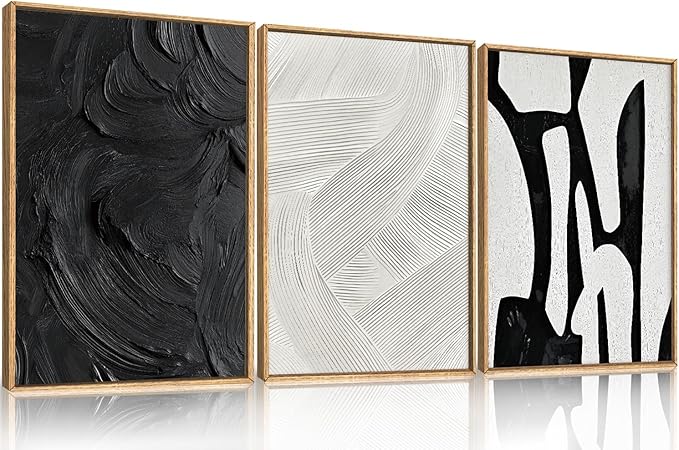 Black and White Abstract Framed Canvas Wall Art Set, Modern Textured Brushstroke Wall Decor,Neutral Minimalist Line Art Print for Living Room,Bedroom,Dining Room, Office-16 x24 x3