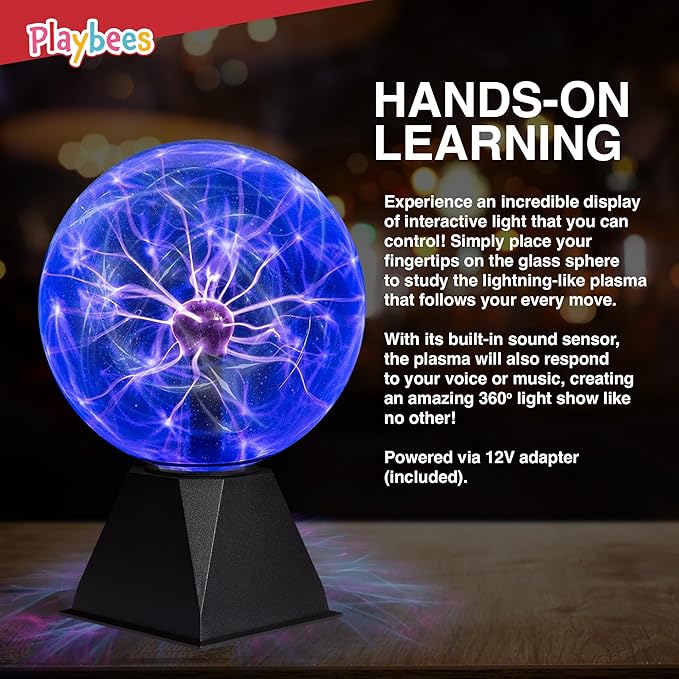 Playbees Blue Plasma Ball - 7 Inch - Tesla Coil Bulb Static Electricity in a Vacuum Pressurized Glass Globe, Nebula, Thunder Lightning, Plug-in - for Parties, Decorations, Prop, STEM