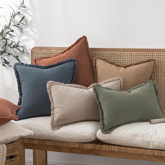 MIULEE Decorative Lumbar Throw Pillow Covers Neutral Linen Fringe Throw Pillows Set of 2 Natural Linen Boho Farmhouse Cushion Covers for Couch Sofa Bed Living Room Spring Home Decor 12x20 Inch