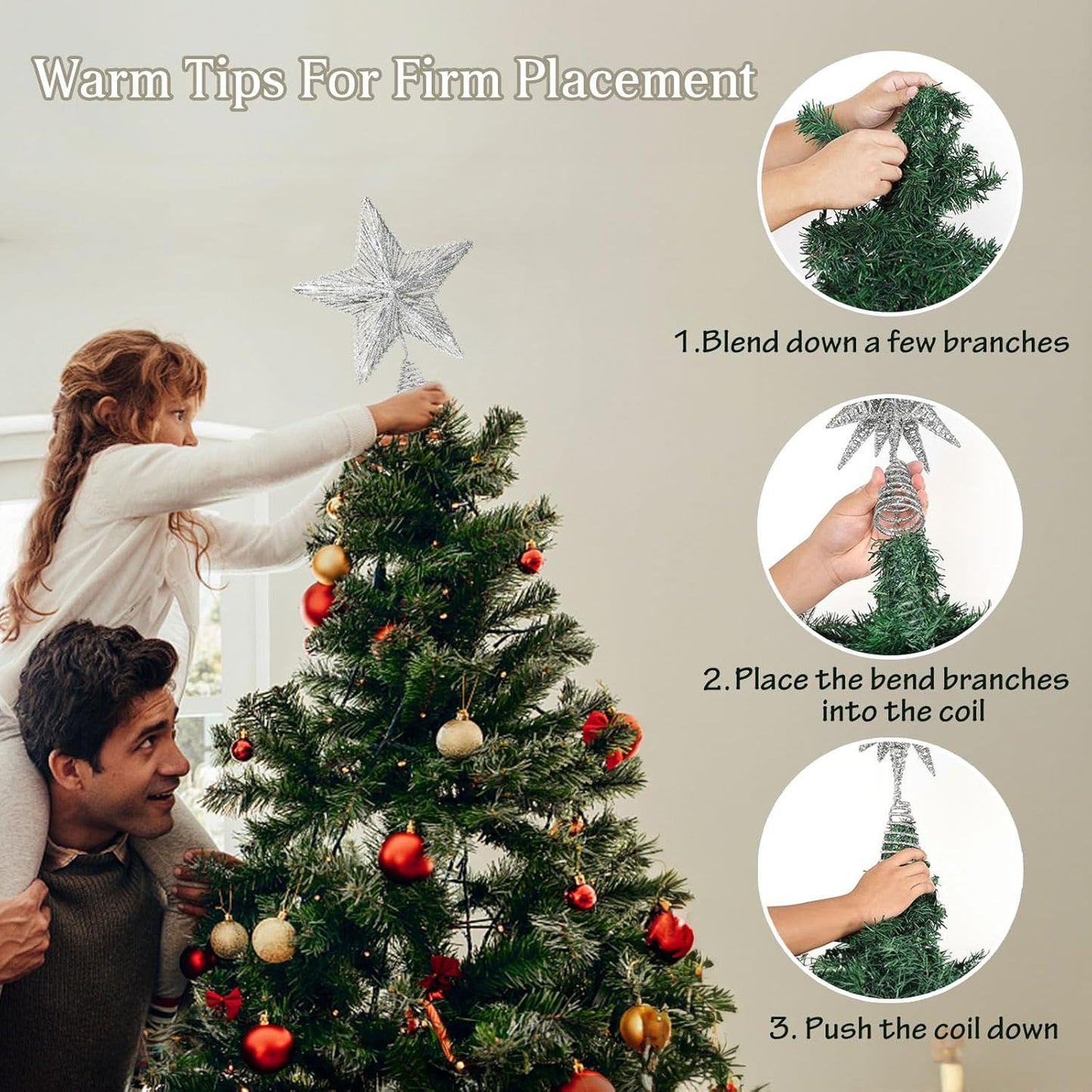 Christmas Tree Topper Star Silver with 50 Colouful LED Lights 8 Lighting Modes Timer, Tradition Tree Topper Star for Home Holiday Xmas Tree Christmas Decor, Colorful Light