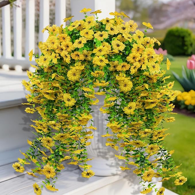 LikSoor 4 Pcs Artificial Outdoor Hanging Plants Spring Summer Decoration UV Resistant Faux Silk Flowers for Outside, Garden, Porch, Window, Home Decor (Yellow)