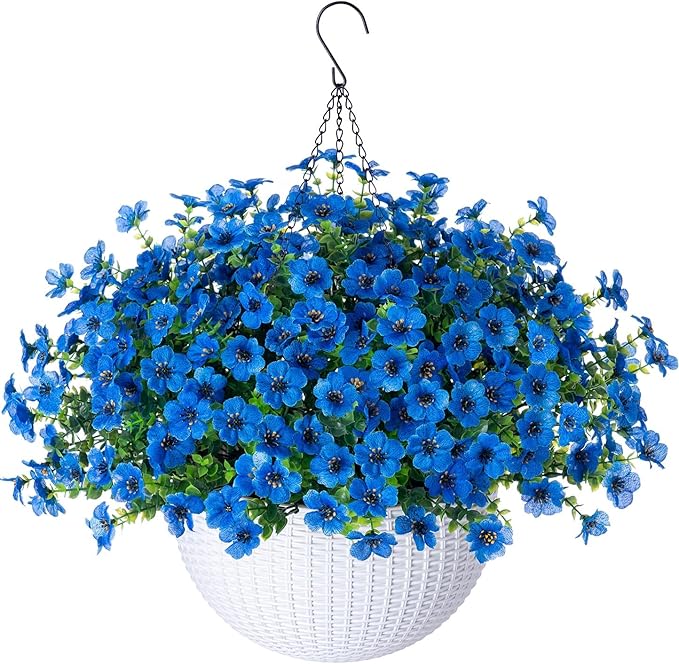HyeFlora Artificial Fake Hanging Plants Flowers Basket for Outdoor Outside Decoration, Faux Silk Blue Daisy UV Resistant Look Real for Porch Patio Balcony Home Yard