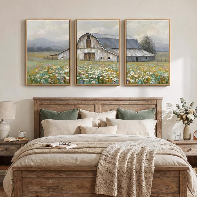 Framed Farmhouse Landscape Wall Art for Living Room, Set of 3 Colorful Floral Barn Large Canvas Prints, Rustic Country Wall Decor for Bedroom Dining Room Hallway 20x30 Inch