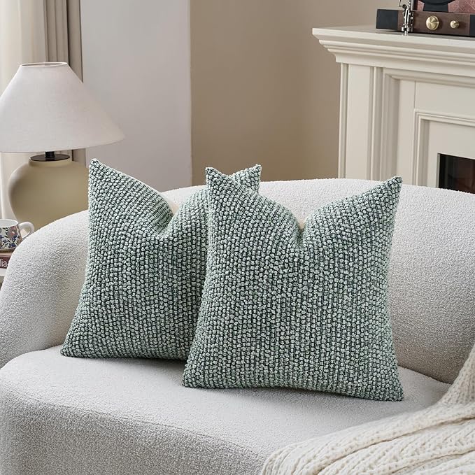 DEZENE Striped Throw Pillow Covers 18x18 Set of 2 Green Textured Boucle Chic Morden Boho Accent Farmhouse Square Decorative Couch Pillow Covers for Home Decor Bed Sofa Living Room