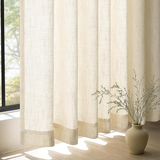 Extra Long Pinch Pleated 108 Inches Long 2 Panels Set for Sliding Glass Door Beige Cream Thick Linen Textured Semi Sheer Curtain Privacy Light Filtering Living Room Bedroom Window Drapes Back Tab