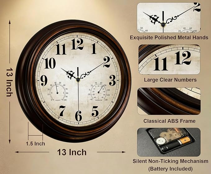 Vintage Wall Clock 13 Inch Quartz Silent Non-Ticking Analog Clock with Thermometer and Hygrometer, Battery Operated Rustic Round Decorative Clock for Living Room Kitchen Home Office