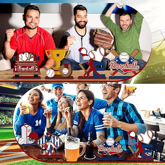 Cinnvoice 6 Pcs Baseball Table Decorations Wooden Table Centerpieces Rustic Wood Tabletop Sign Decorations for Home Kitchen Office Farmhouse Desk Shelves Party Tiered Tray Decor