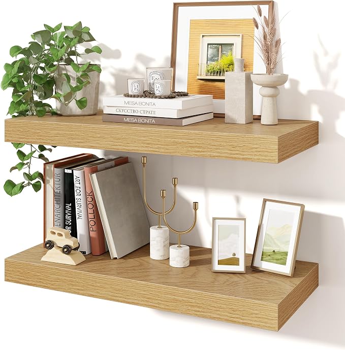 Axeman 24Inch Floating Shelves for Wall, 2 Pack Shelves for Bedroom, Bathroom, Kitchen, Hanging Wall Mounted Rustic Wood Shelf with Invisible Brackets for Books Decor, Oak