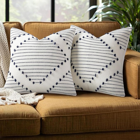 Mecatny Boho Outdoor Throw Pillow Covers 20X20 Set of 2, Farmhouse Decorative Pillow Covers for Couch Sofa Living Room, Navy & Cream White