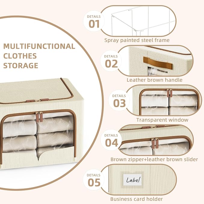 FHSQX 6 Pack Clothes Storage Bins with Metal Frame, Ivory White, 19.7x15.7x13 inch