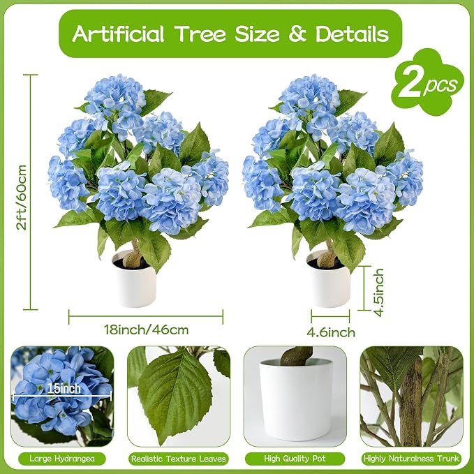 2 Pcs Artificial Hydrangea Tree 2ft Fake Potted Tree with Blue 3D Printed Petals, Realistic Faux Hydrangea Plant in Pot for Front Porch Entryway Indoor Outdoor Home Office Decor