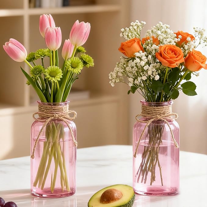 Vintage Glass Flower Vase, Farmhouse Glass Centerpiece Vases Mason Jars for Weddings, Parties & Home Decor Bulk (6, Pink)