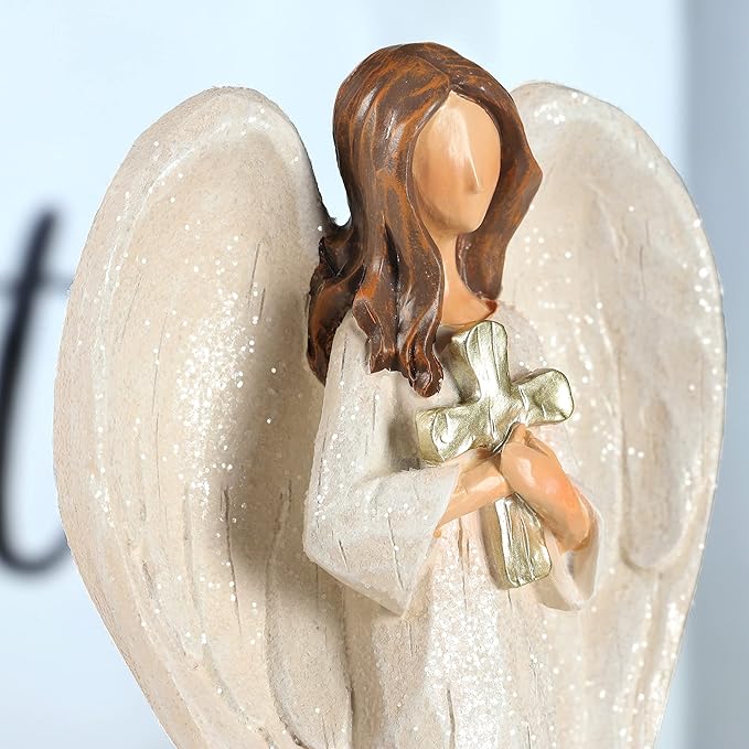Hodao Cross Angel Figurine Gift, Hand-Painted Resin Guardian Angel Holding Cross, All-Season Meaningful Gift for Mom, Valentine’s Day Love, Easter Blessings & Year-Round Home Decor