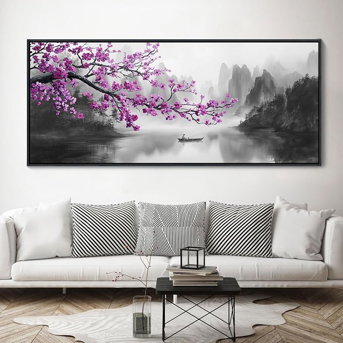 YDYSUNE Extra Large Purple Wall Art Decor for Living Room Bedroom Framed Black and White Landscape Full Moon Purple Flower Painting Canvas Picture Plum Blossom Artwork for Home Office 70x31IN