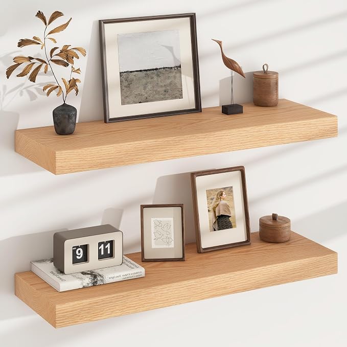 FLYJOE Floating Shelves for Wall, USA-Sourced Oak Wood 30 Inch Wall Shelves Set of 2, Natural Wooden Mounted Picture Ledge Shelf, Nursery Book Storage Shelf Kids Bookshelf Display, Shelf for Bathroom