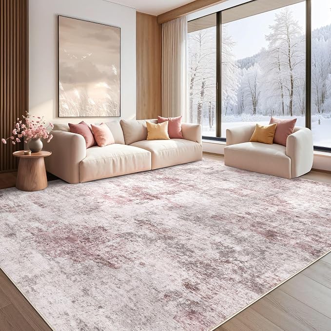 UERMEI 8x10 Washable Area Rug - Neutral Modern Abstract Living Room Rugs, Non-Slip Soft Large Indoor Floor Carpet for Bedroom Home Office & Under Dining Table Decor, Pink Grey