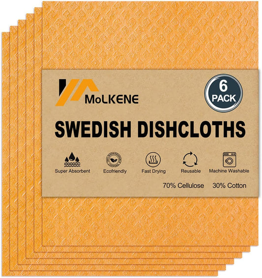 Swedish Dishcloths for Kitchen | 6 Pack Absorbent Cellulose Sponge Cloths Washable | Non-Scratch Reusable Paper Towels Quick Drying Cleaning Cloths - Orange