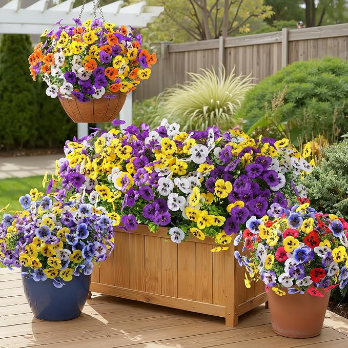 Alupssuc 24 Bundles Artificial Flowers for Outdoors, Fake Spring Flowers for Decoration, UV Resistant Realistic Pansies with Eucalyptus Silk Faux Flowers for Porch Yard, Purple Yellow White Orange
