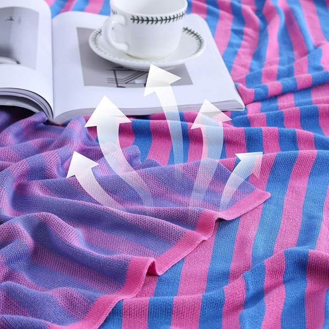 BOV Knitted Throw Blanket - 100% Viscose Super Soft Breathable Comfy Decorative Throw Blanket for Chair Couch Sofa Bed, Perfect Self Care Gifts for Women, Fuchsia & Azure Stripe 50"x60"