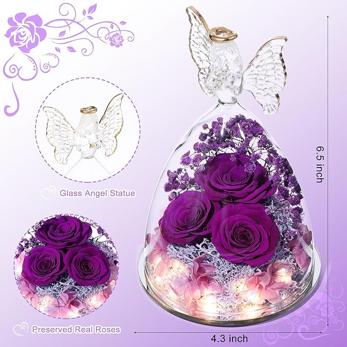 Mothers Day Rose Gifts for Women Preserved Real Flower in Glass Angel Figurines Roses for Delivery Prime Birthday Gifts for Mom Grandma Girlfriend Wife Her, Full Purple