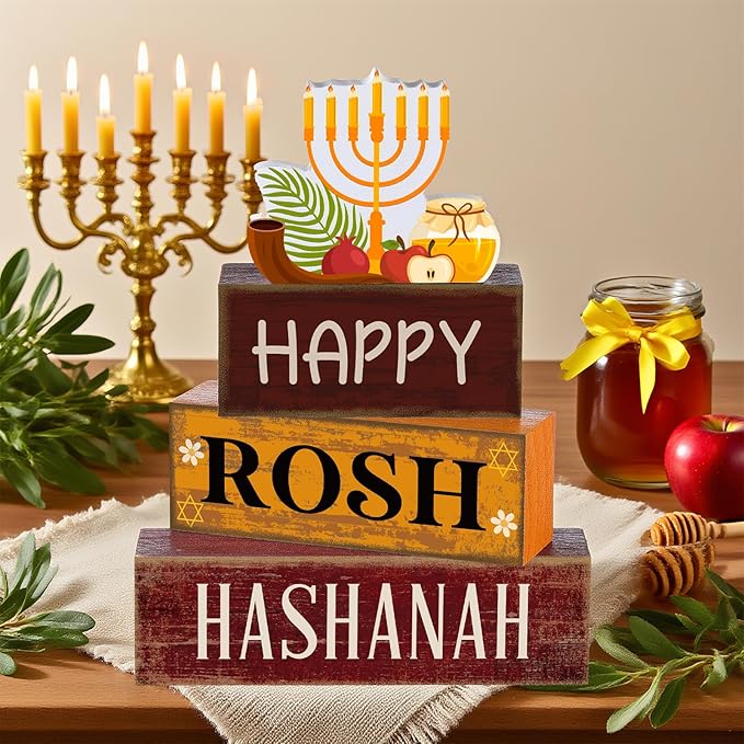 4 Pcs Rosh Hashanah Tables Decorations Happy Rosh Hashanah Wooden Tabletop Jewish New Year Party Decorations Rustic Block Centerpieces Sign for Gift Crafts Home Desk Shelf Shana Supplies