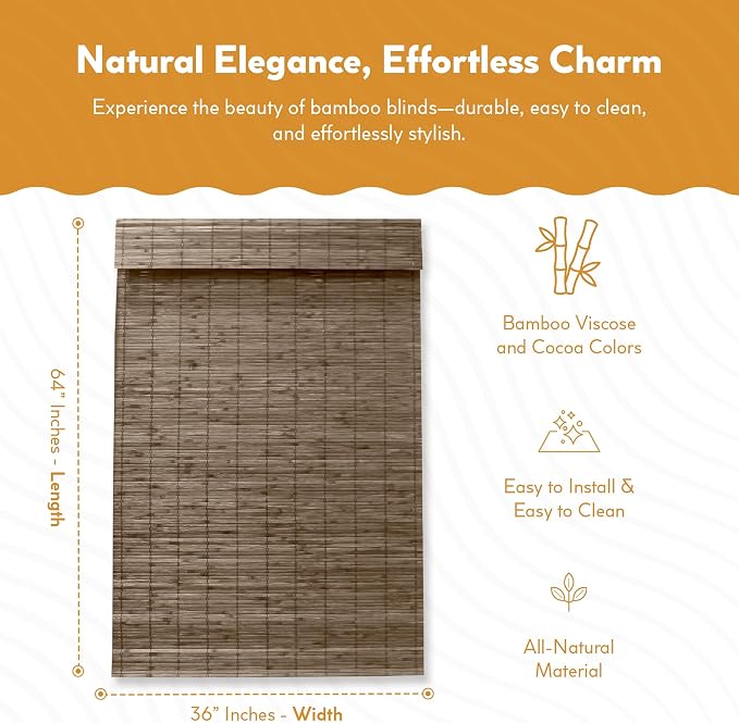 Radiance Cordless Bamboo Roman Shades for Windows - Flatstick Bamboo Blinds for Semi-Private Light Control - Easy to Lift & Fold Up Window Shades - Driftwood - 36 in. W x 64 in. L - (2216614E)