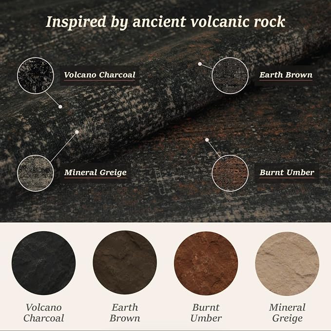 TALANOVA Black 7x9 Washable Area Rug for Living Room, Non-Slip Low Pile Charcoal Volcanic Textured Rug for Bedroom, Dining Room & Home Office, Dark Stain Resistant Modern Farmhouse Design