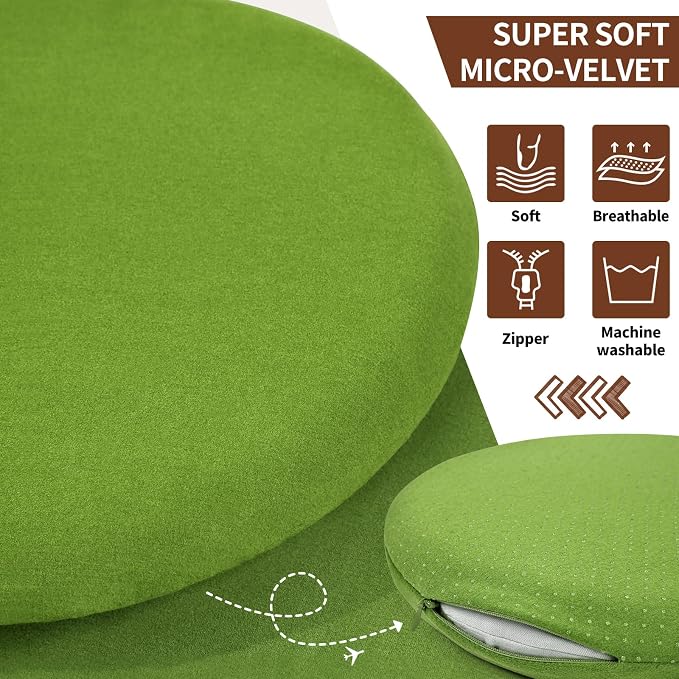 BUYUE Memory Foam Seat Cushion, Dia 15" Soft Velvet Round Stool Cushion Anti-Slip Chair Pads, M, Green