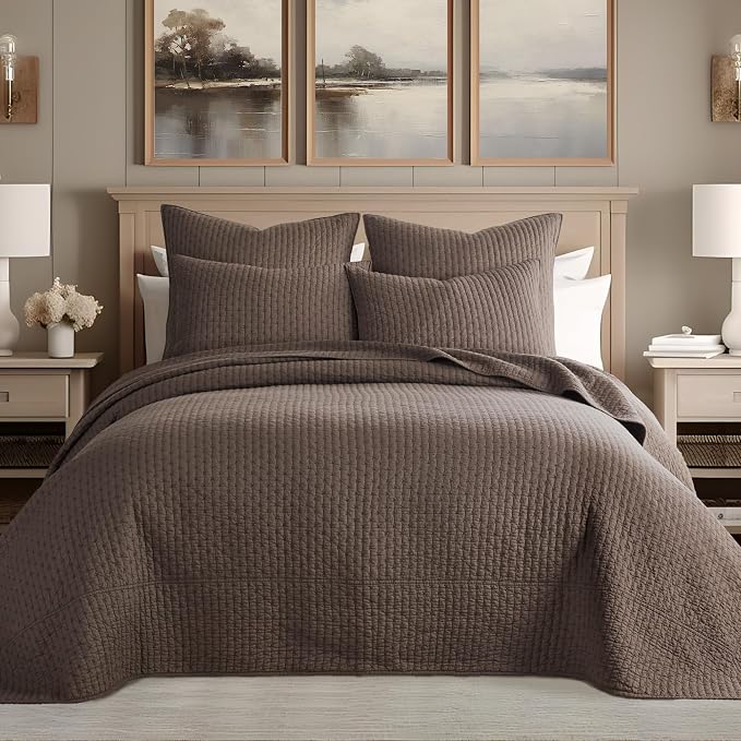 Levtex Home Cross Stitch Reversible King Bedspread Set (120x104in) with 2 Pillow Shams (36x20in) - Stitch Texture - Cocoa - Cotton King Size Bedspread Set - Soft, Pre-Washed