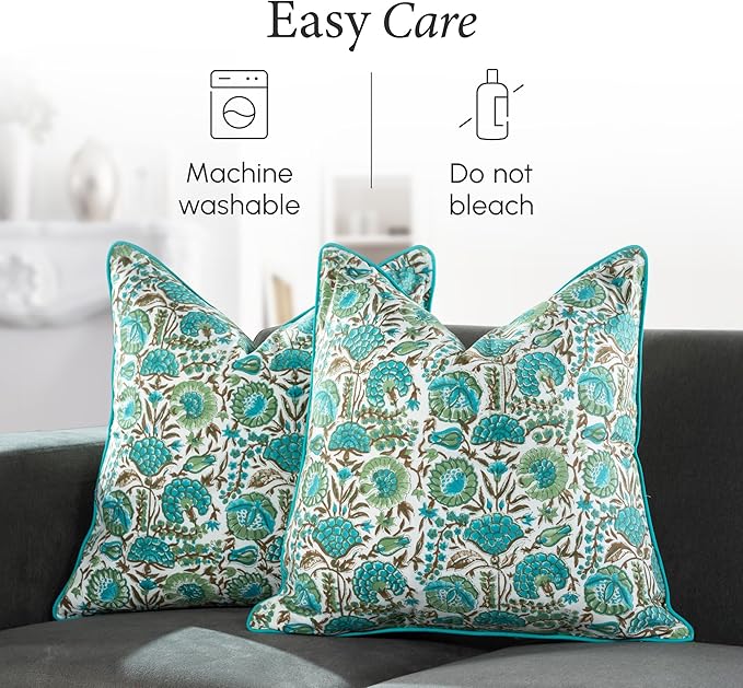 CPC Aqua Green Floral Printed Throw Square Cushion Covers - 24x24 Inch 100% Cotton Washable Decorative Couch Pillows Covers for Living Room Bed Sofa and Outdoors Spring, Easter, Valentines Gift