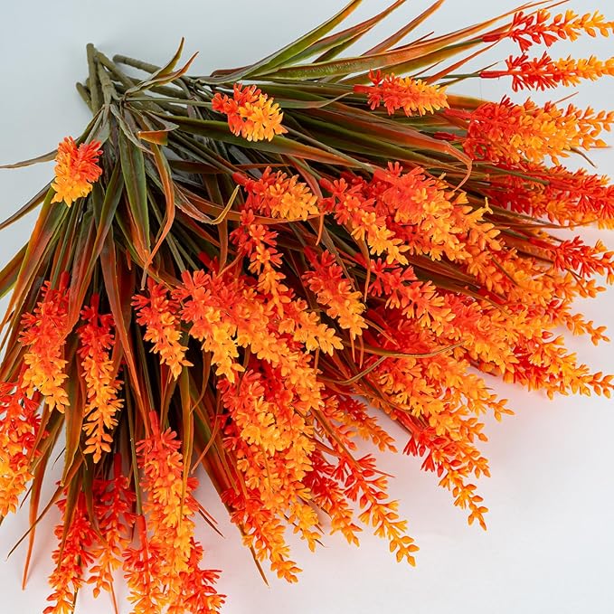 Nigirior Artificial Fall Flowers for Outdoor Plants 24 Bundles Fake Lavender Plastic Faux Monkey Grass for Verandah Window Garden Office Patio Front Porch UV Resistant for Planter(Autumn Orange)