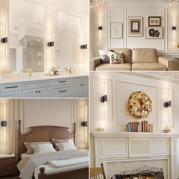 Battery Operated Wall Sconce Set of 2 Black Rechargeable Acrylic Crystal Sconce Wall Decor Set of 2 with 12000mAh CCT Dimmable 350° Rotate Remote Wireless Wall Light for Bedroom Living Room