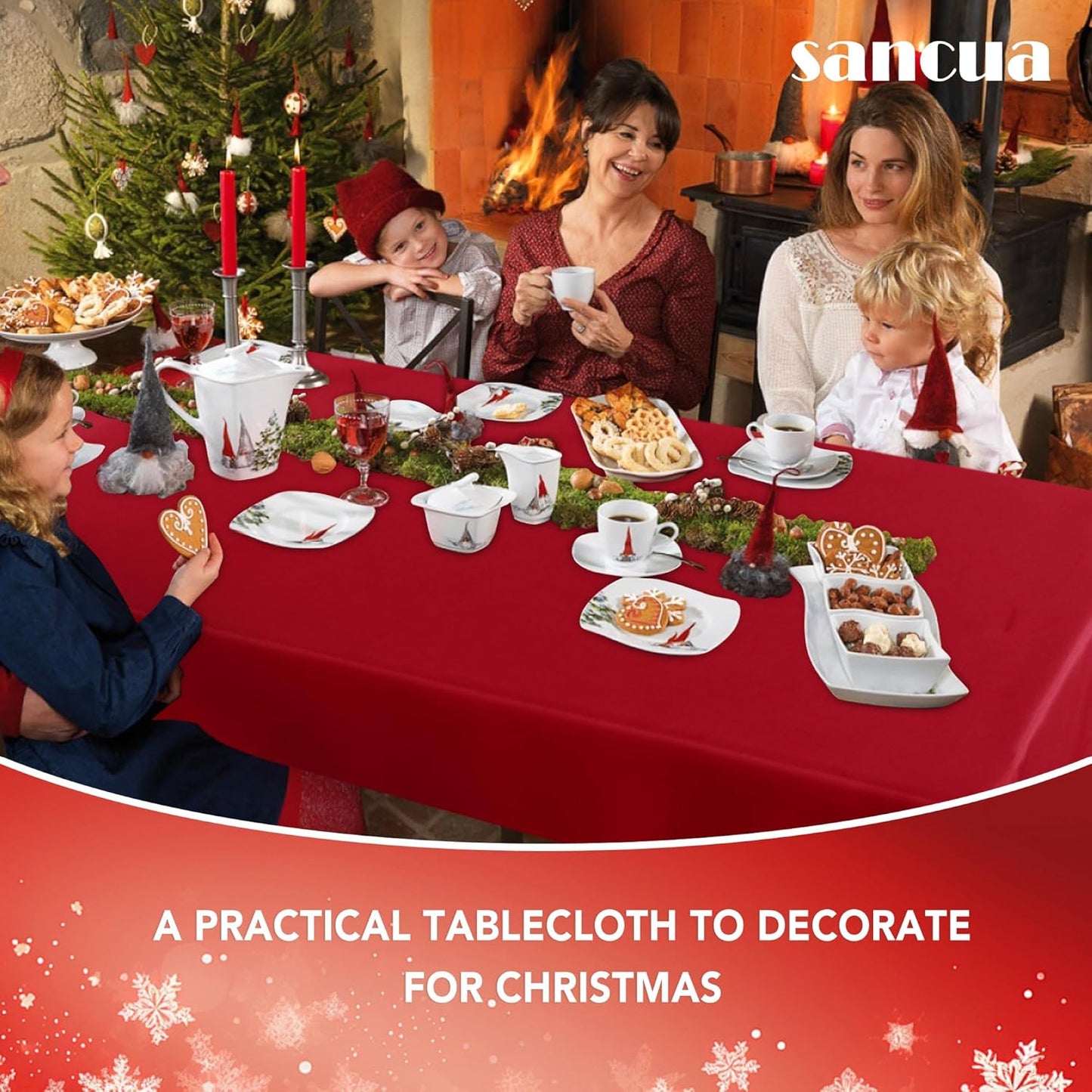 sancua Rectangle Tablecloth - 90 x 156 Inch - Water Resistant Spill Proof Washable Polyester Table Cloth, Decorative Fabric Table Cover for Dining Tables, Buffet Parties and Camping, Red