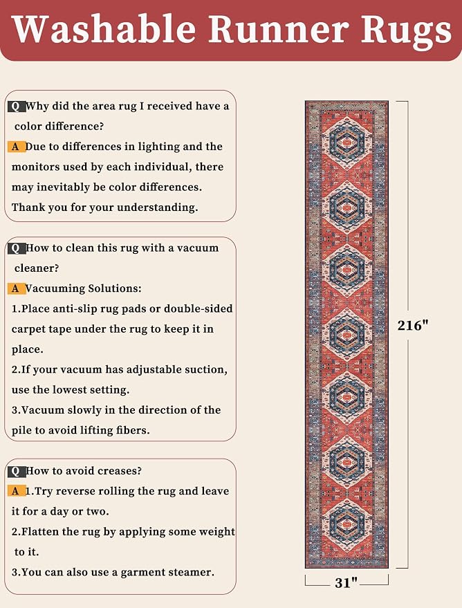 SERISSA Runner Rug for Hallways, 2'6"x18' Washable Non Slip Kitchen Runner Rug, Extra Long Boho Rug Ultra Soft Vintage Rust Print Floor Carpet for Hallway Living Room Dining Room Bedroom