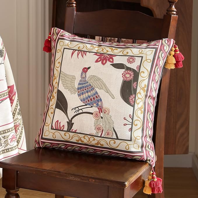 patdrea Vintage Linen Throw Pillow Cover,18"x18",Set of 2-Schumacher C | Elegant Decorative Pillow Case,Bird Pattern with Tassel Pendant,Cushion Coverfor Couch Living Room Bedroom Sofa