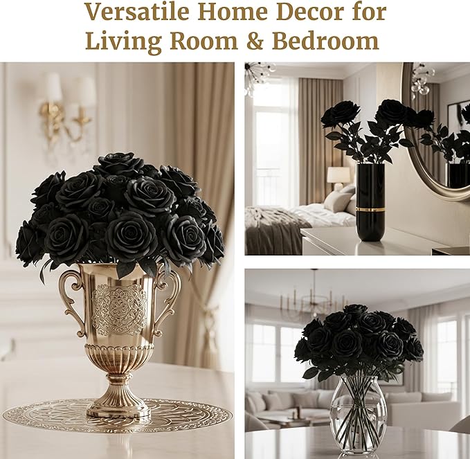 Auihiay 60PCS Black Fake Roses, Velvet Silk Artificial Roses, Realistic Roses Flowers for Photo Shoots, Wedding Centerpieces, Bridal Bouquets, Anniversary, Valentine's Day, New Year's Decorations